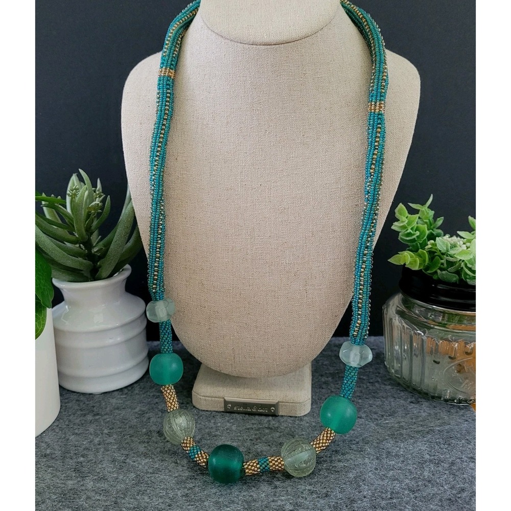 Egyptian Revival Teal Multi Strand Frosted Glass Statement Necklace 28in Queen